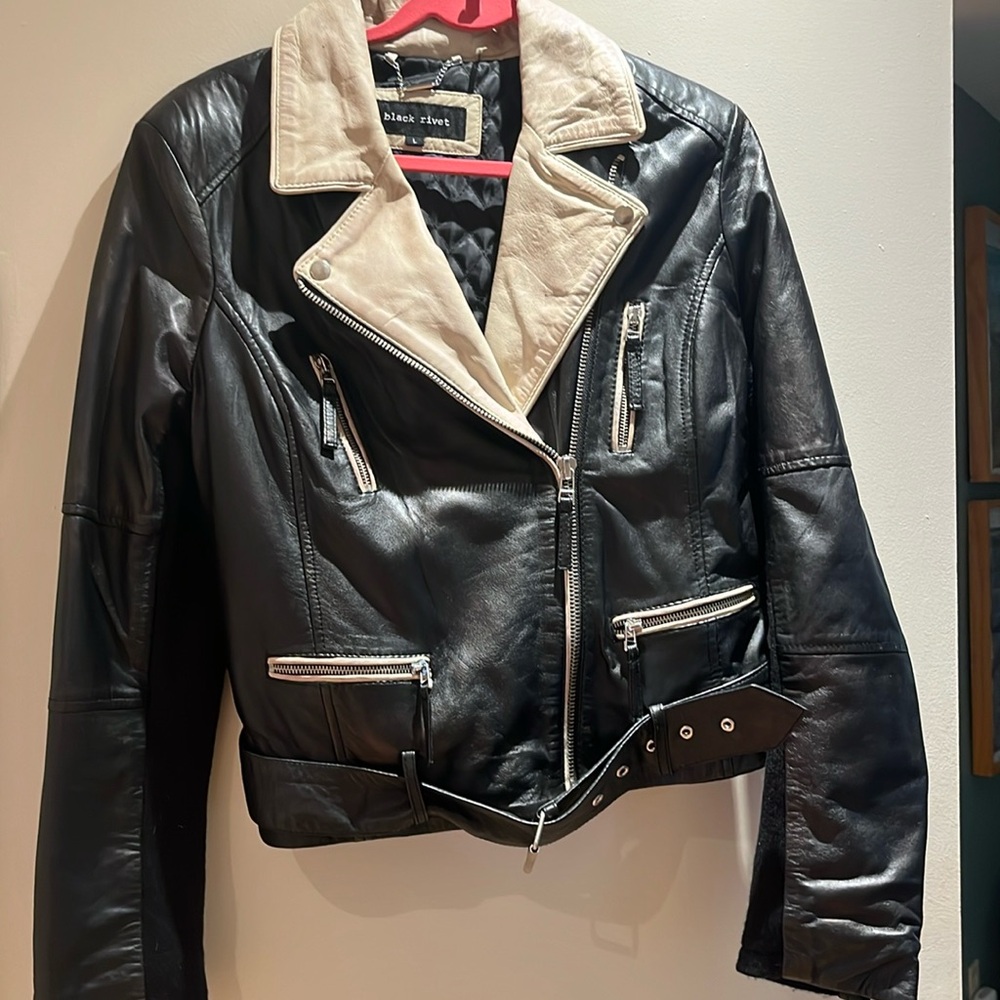 Black rivet leather biker jacket size large.